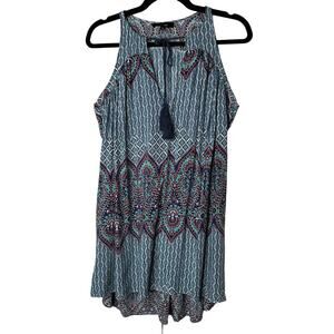 Olivaceous Teal Pink Multi Color Paisley Sleeveless Flowy Mini Tie VFront Small